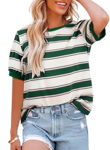 Cuptacc T-Shirt Damen Frühling Mode Gestreiftes Oberteil Weiß Grün L