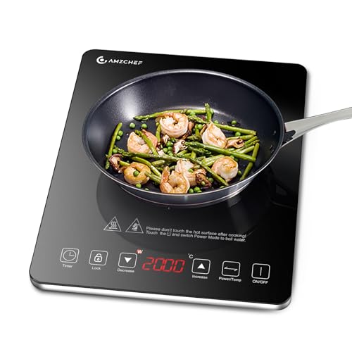 Induktionskochfeld 1 Platte, AMZCHEF Kochplatte Induktion mit ultradünnem Design, 20-Temperaturstufen und 20-Leistungseinstellung, 2000W Induktionskochplatte mit 3-Stunden-Timer, Sicherheitsschloss