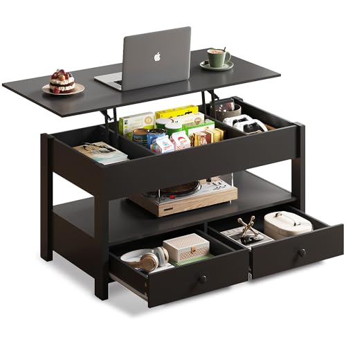 WLIVE Höhenverstellbarer Couchtisch, Wohnzimmertisch mit 2 Schubladen und Verstecktes Ablagefach, 50 x 100 cm Holzoptik Coffee Table (Schwarz)