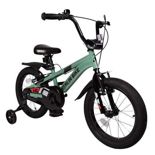 BERLIN BIKE Kinderfahrrad 16 Zoll mit Stützrädern, V Brake Bremsen und Klingel, Kinder Fahrrad für Jungen und Mädchen 4 bis 7 Jahre, mit Schutzblech vorne und hinten (Grün)