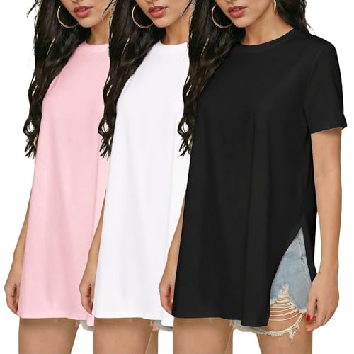 Ekouaer 3 Pack Oversize T-Shirts Damen Basic Kurzarm Tops mit Geteiltem Saum Umstandsshirt für Schwangere Rosa + Schwarz + Weiß L