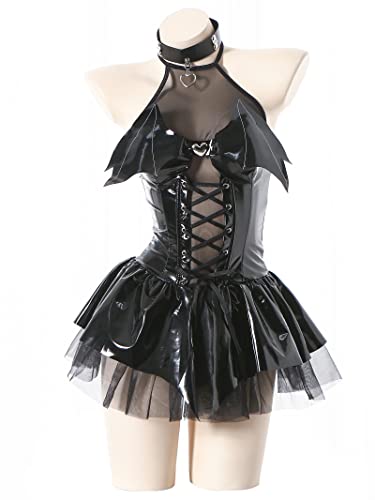 Zyimsva Teufel KostüM Cosplay Halloween kostüm Fledermaus Imp See-Through Skirt Set (Schwarz, S-M)