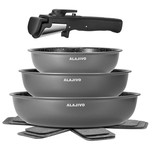 Pfannenset mit Abnehmbarer Griff, Pfanne Induktion, Bratpfanne mit Antihaft beschichtung, 7-Teiliges, 20+24+28 cm Platzsparend Pfannen, Pfannen Set für alle Herdarten, Spülmaschinen, Ofenfest (grau)