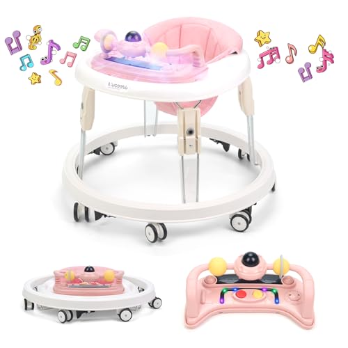 Baby Lauflernhilfe mit Musik und Lichtern, Faltbare Lauflernwagen mit Aktivitätscenter, 7-Gang Höhenverstellung, Anti-Collision Design, Abnehmbarer Platte, Baby Walker von 6-18 Monaten (Rosa-Musik)