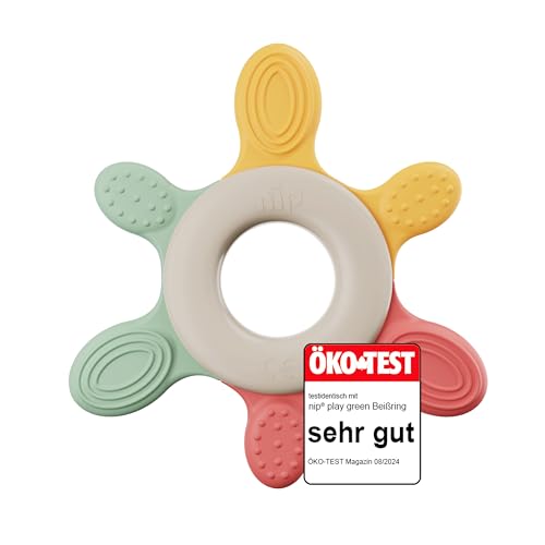 nip – Beißring | Nachhaltiger Beißring für Babys ab 3 Monaten aus über 65% natürlichen Rohstoffen. Zur sanften Massage von Zahnfleisch, Zunge und Zähnchen | Rot/Grün/Orange