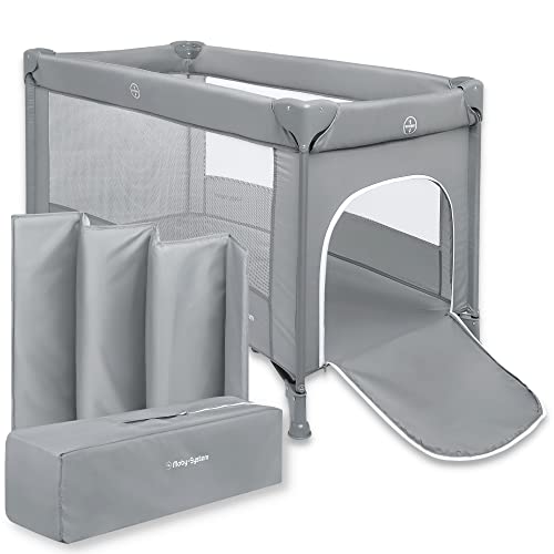Moby-System Baby Reisebett 128x68 cm – faltbares Kinderreisebett mit Matratze & Tragetasche – Laufstall mit Seitenausgang – für Babys bis 15 kg - Grau