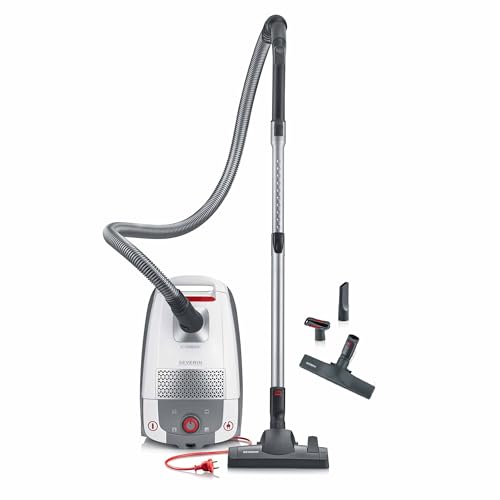 SEVERIN Bodenstaubsauger mit Beutel, leistungsstarker und leiser Staubsauger mit 360° Rollen, HEPA Filter, Zubehör für Teppich & Hartböden, weiß, rot, BC 7047