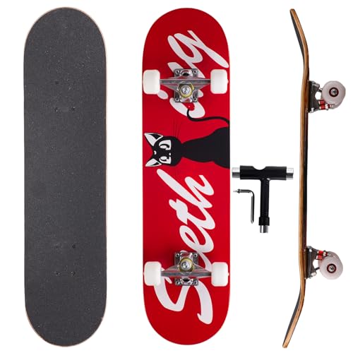 Professionelles Doppel-Kick-Skateboard, 78,7 cm Ahorn-Deck, ABEC-7-Kugellager, 95A PU-Räder, individuelles Grafikdesign (Feuer, 78,7 cm) (Katze, 81cm)