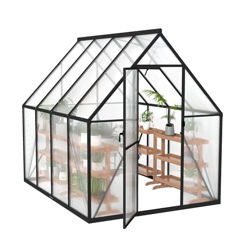 Froadp Gewächshaus aus Aluminium mit Fundament 230x180x195cm Gartengewächshäuser 4mm PC-Hohlkammerplatten Wetterfest Treibhaus, Tomatenhaus mit Fenstern Treibhaus für Garten & Aufzucht