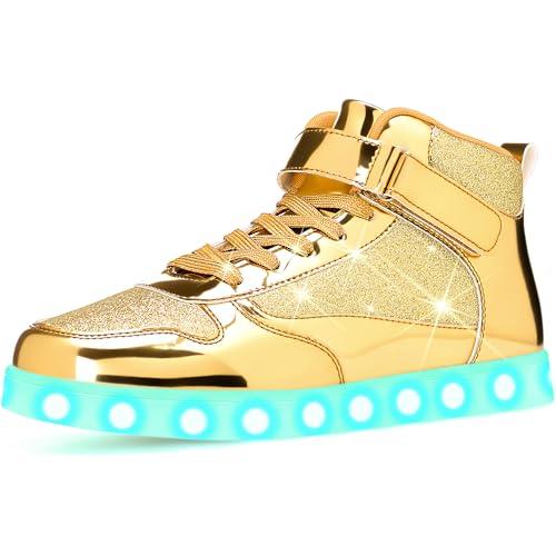 APTESOL Unisex LED Leuchten Schuhe | High-Top | 11 Leuchtmodi | TPU mit Spiegelmetall-Optik & Glitzerdetails | Modische Sneaker für Männer & Frauen für Party/Streetwear, Gold, EU 42