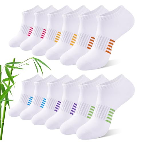 Effeet Bambus Sneaker Socken Damen 6/12 Paar, Atmungsaktive Gepolsterte Sportsocken Laufsocken, Anti Schweiß Kurze Socken Damen 39-42 35-38 Bunt, Geschenke für Frauen Sommer, Mehrfarbig Weiß 39-42