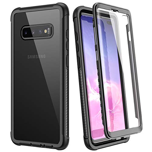 WE LOVE CASE Hülle für Samsung Galaxy S10 Plus, Stoßfest Handyhülle 360 Grad Rugged Schutzhülle mit Eingebautem Displayschutz Transparent Cover, Schwarz