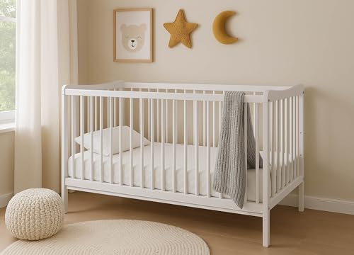 Baby Happy Bliss GRZES Babybett 120x60 cm, EN 716 geprüft, Kinderbett aus Buchenholz, höhenverstellbarer Lattenrost, 3 herausnehmbare Sprossen