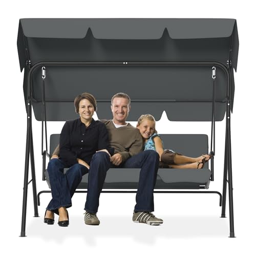 PEILU 176x110x152cm Hollywoodschaukeln mit Sonnendach & Sitzauflage & Stahl Rahmen, 3-Sitzer Garten Schaukelbank belast bis 200KG, Schaukelbank Gartenliege für Outdoor & Indoor (Grau)