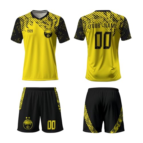 Generisch Personalisierte Fußball Trikot,Dortmund Personalisierte Trikot Set mit Eigenem Namen & Nummer, Fußball Geschenk Trikot für Kinder,Herren,Jungen,100% Polyester, Atmungsaktiv