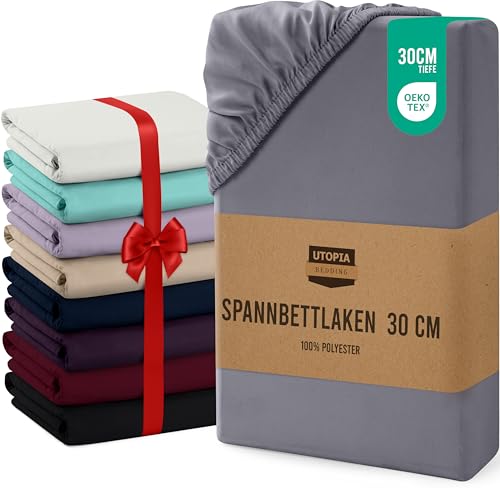 Utopia Bedding - Spannbettlaken 180x200cm Bis 30 cm - Grau - Oeko-Tex Zertifiziertes - Gebürstete Mikrofaser Spannbetttuch