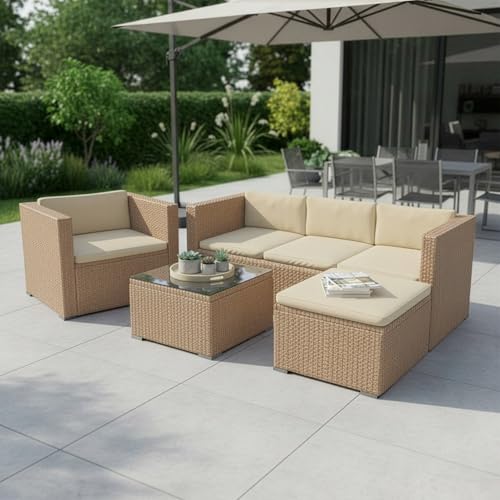 Juskys® Polyrattan Lounge Punta Cana L für 4-5 Personen mit 3er Sofa, Sessel, Hocker, Tisch & Kissen, Sitzgruppe für Garten, Terrasse und Balkon, Gartenmöbel Set wetterfest - Creme Sand