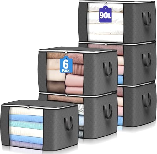 Budding Joy 6 Stück 90L Aufbewahrungstasche, Aufbewahrungsbox mit Deckel Große, Kleider Aufbewahrung Umzugskartons, Faltbare Unterbett Kleiderschrank für Kleidung Bettdecken und Bettwäsche, Grau