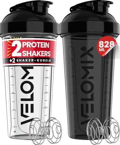 VELOMIX -2 PACK- 828ml Eiweiß Shaker - Auslaufsicher Shaker Proteinshake Mit 2x Kugel | Drehverschluss & Mess-Skala Shake Becher | Spülmaschinengeeignet & Stackable Protein Shaker (Black/Transparent)