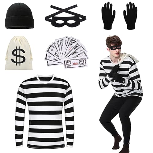 DAZZTIME Räuber Kostüm,Einbrecher Kostüm,Bankräuber Kostüm für Erwachsener, Räuber Kostüm Set,Halloween Kostümset für Räuber für Erwachsene,T-Shirt,Mütze,Handschuhen,für Karneval,Fasching,Mottoparty