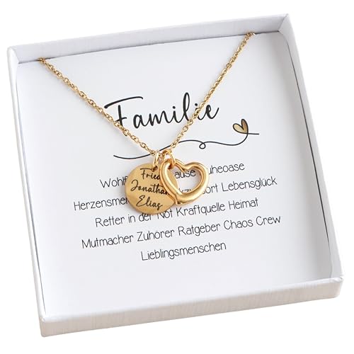 Familienkette personalisierte Kette mit Namen Familie und Herz Anhänger Edelstahl Gold Silber Roségold mit Gravur personalisierter Schmuck Geschenk zum Geburtstag Muttertag