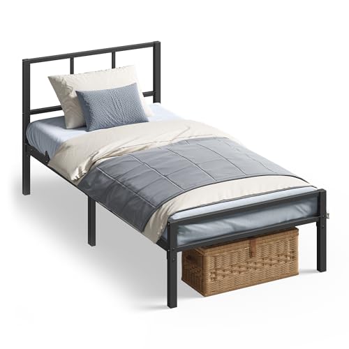 VASAGLE Einzelbettgestell, 90 x 200 cm, Bettrahmen mit Lattenrost, Kopfteil, Bett, aus Metall, bis 250 kg belastbar, einfache Montage, für Schlafzimmer, tintenschwarz RMB292B101