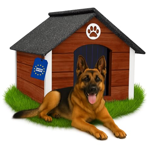 Outentin Hundehütte Outdoor Isoliert - Hundehaus für Große Hund - Winterfest und Wetterfest - Hunde Haus für Draußen mit schrägem Dach - Stabile Villa und Moderne Design - 103 x 90 x 70cm-Nuss