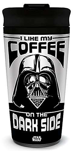 Star Wars Kaffeebecher (I Like My Coffee On The Dark Side Design) Metall Reisebecher 540ml - Offizielles Lizenzprodukt, Weiß