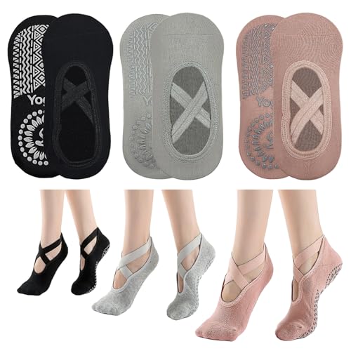 KEYRI 3 Paar Yoga Pilates Socke Rutschfeste Socken für Frauen Mädchen, Grippige Socken BodenSocke Anti-Rutsch Griffe Riemen, Einheitsgröße Atmungsaktive Socke für Fitness Ballett
