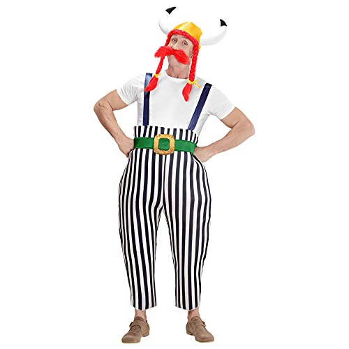 Widmann - Kostüm Gallier, Maxi-Hose mit Hosenträgern, Gürtel, Helm mit Zöpfen, Schnurrbart, Wikinger, Motto-Party, Karneval, weiß, schwarz, rot