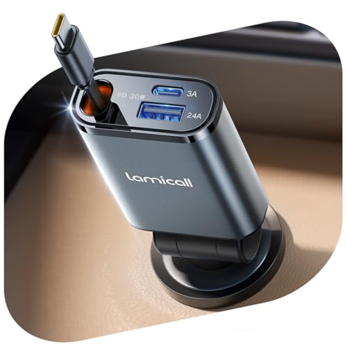 Lamicall 3 IN 1 Zigarettenanzünder USB C Auto Ladegerät -【2026 Super Kompakt】50W USB Adapter Auto Schnellladegerät mit einziehbare Typ-C Kabel/USB C/USB A, 24/12V KFZ Ladegerät Auto für iPhone/Samsung