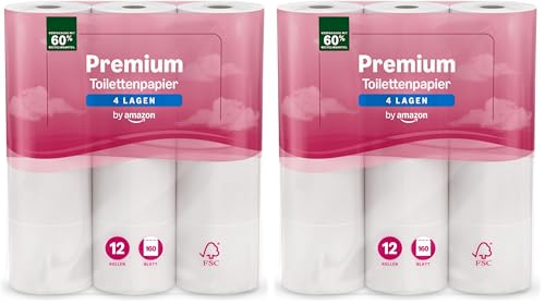 by Amazon Toilettenpapier, 4-lagig Gestepptes, Besonders Weich, 12 Rollen, 1-er Pack, 160 Blätter pro Rolle, FSC-Zertifiziert (Packung mit 2)
