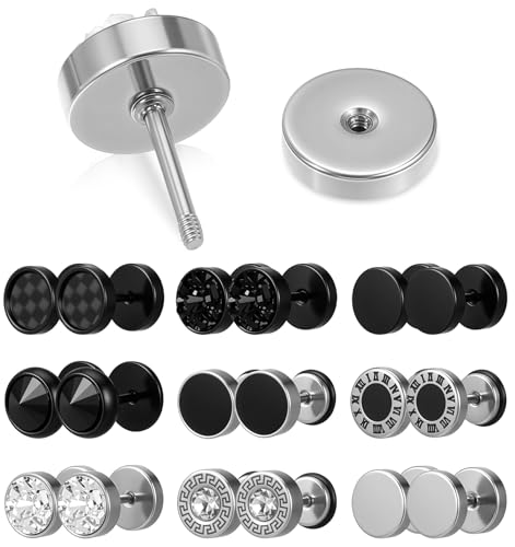 ValueBargain 9 Paar Ohrringe Männer, Männer Ohrringe Silber Schwarz Edelstahl Ohrringes Set, Runde Schraube Hantel Ohrstecker, Faux Gauges Ohrstöpsel, 8MM für Herren Damen
