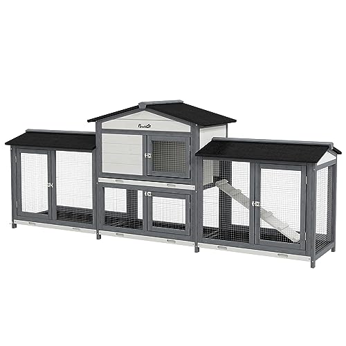 PawHut Hasenstall 2 Etagen Kaninchenstall aus Holz 230 x 53 x 93,5 cm Kaninchenkäfig mit Rampe, Freilaufgehege, Mehreren ausziehbaren Bodenwannen, Bitumendach, Tür, Hasenkäfig für draußen Hellgrau