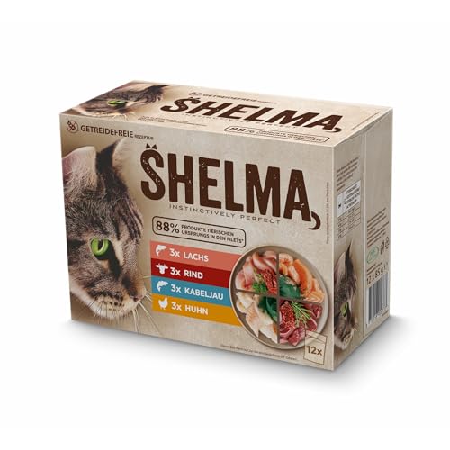 Shelma Katzen-Nassfutter Fleisch und Fisch Multipack mit den Sorten Rind, Lachs, Huhn und Kabeljau – Getreidefreies Alleinfuttermittel mit hohem Fleischanteil – 12 x 85 g (1,02 kg)