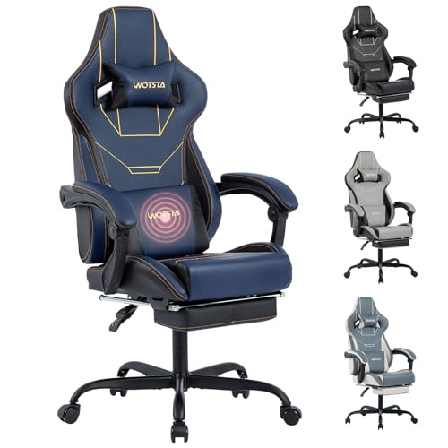 WOTSTA Gaming Stuhl Ergonomisch Gaming Chair Gamer Stuhl Bürostuhl mit Fußstütze Racing Computerstuhl Höhenverstellbar Gepolstert Computerstuhl Lendenwirbelstütze Blau