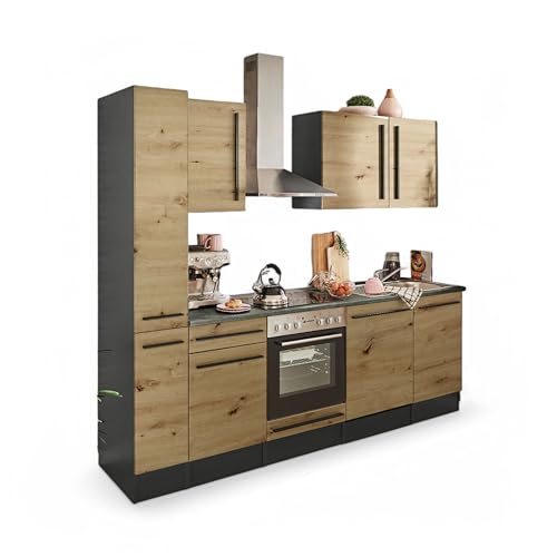 Jazz 8 Moderne Küchenzeile mit Elektrogeräten in Anthrazit, Artisan Eiche Optik - Geräumige Einbauküche mit viel Stauraum - 250 x 212 x 60 cm (B/H/T)