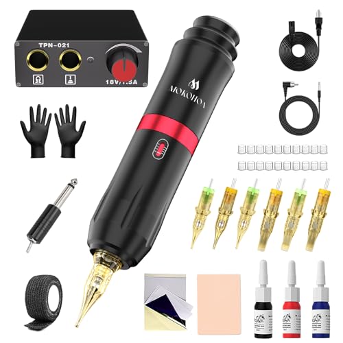 Mokohoa Tattoo Pen Maschine, Tattoo-Maschine für Anfänger, Tätowiermaschine Set mit Tinte, Patronennadeln, Praxisblatt, Gummihandschuhe Tattoo Zubehör(Kohle Schwarz)