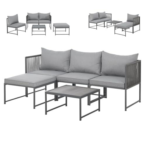 SVITA Detroit Gartenmöbel Set Polyrattan Lounge Modular Ecksofa Chaiselongue Tisch Flexibel als 3 Sitzer oder Sessel 2 Sitzer Inklusive Kissen Grau