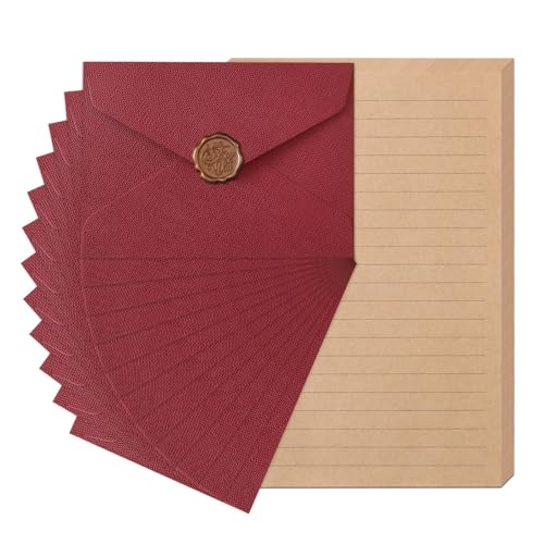 12 Stück Vintage Briefpapier mit Umschlag Set, 12 Briefumschläge, 24 Briefpapier Liniert und 12 Wachssiegel-Aufkleber, für Liebesbrief, Hochzeit, Geburtstag, Grußkarten (A)