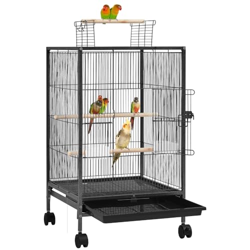Yaheetech Vogelkäfig mit offenem Dach, Vogelvoliere mit Holzstangen und 360° drehbaren Rollen, 2 Futternäpfe & Schublade, großer Raum für Vögel, 45,5x45,5x89,5 cm