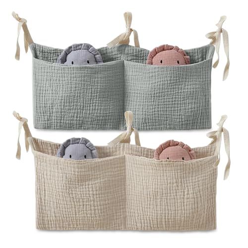 ZOCONE 2 Stücke Babybett Organizer Hängend, 2-in-1 Baby Kinderzimmer Organizer Aufhängen Babybett Verstellbarer Organizer für Windeln Kleidung Spielzeug Hängeorganizer Babybetttasche(Bohnengrün+Khaki)