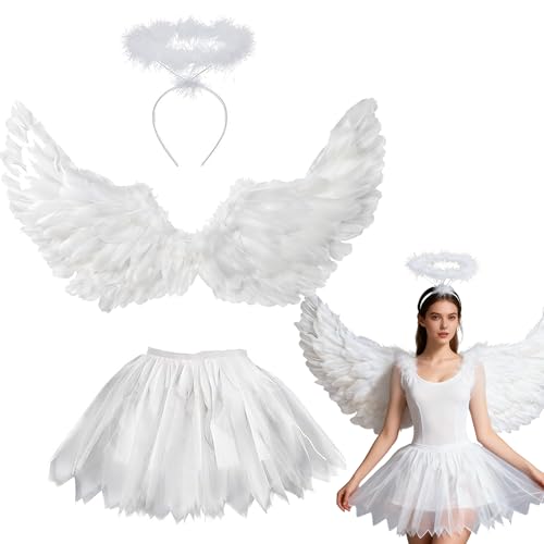 Shengruili Engelsflügel,Engel Flüge,Engel Kostüm Damen mit Heiligenschein,Engels Flügel Kostüm,Federflügel Engel,Engel Flügel für Damen und Mädchen,Engels Flügel Kostüm