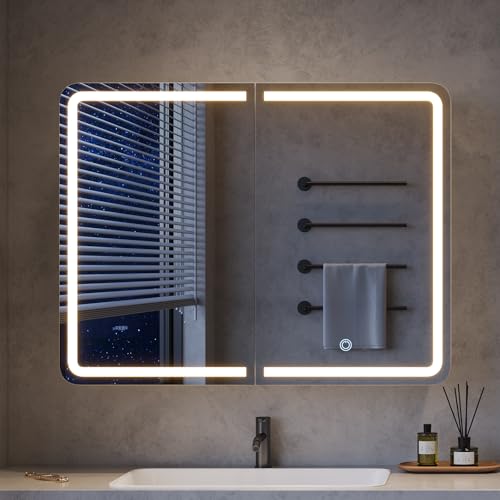 mojiasion 2-türiger Spiegelschrank Bad mit Beleuchtung – 80 cm breit, Alibertschrank mit LED, Touch-Sensor, 3 Lichtfarben, dimmbar & integrierter Ladestation (2 USB + 2 Steckdosen)