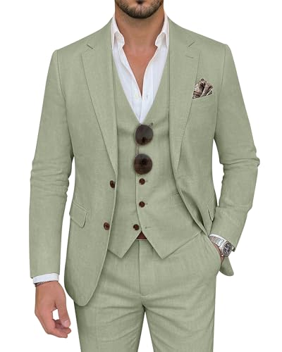 ZKHOECR Herrenanzug, 3-teilig, Leinen, schmale Passform, Blazer, Weste, Hose, Set, Hochzeit, Abschlussball, Smoking, Business, Freizeitanzug, Hellgrün, L