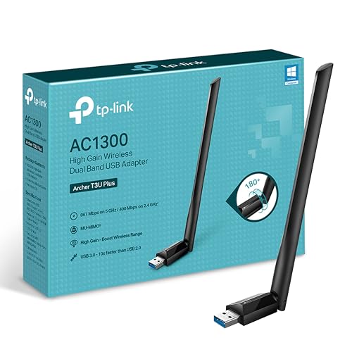 TP-Link Archer T3U Plus AC1300 High Gain USB WLAN Stick Adapter mit Antennen(bis zu 867 Mbit/s 5GHz, 400 Mbit/s 2,4GHz, Kompatibel mit Windows 11/10/8.1/8/7, Mac OS 10.15 und früher