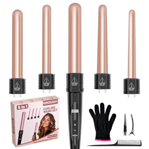 NWOUIIAY Lockenstab 5 in 1 LCD Lockenstab Große Locken & Kleine Locken, Lockenstäbe mit Keramikbeschichtung, Austauschbare Aufsätze, Einstellbare Temperatur, inklusive Hitzeschutzhandschuh