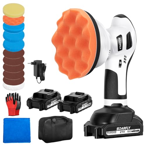 SOARFLY Poliermaschine Auto Akku, Exzenter Poliermaschine Akku mit 2x2.0Ah 21V Batterie, 6 variable Geschwindigkeiten, 3200–6600 U/min, für die Autodetailing, Scheinwerfer Aufbereitung