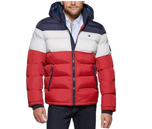 Tommy Hilfiger Herren Daunenalternative Daunenjacke mit Kapuze (Standard und Big & Tall) Daunenoberbekleidung, Midnight/White/Red, XL