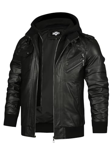 HOOD CREW Echtes Lederjacke Herren Rindsleder Bikerjacke Wintermäntel mit Kapuze für Herren Schwarz XL